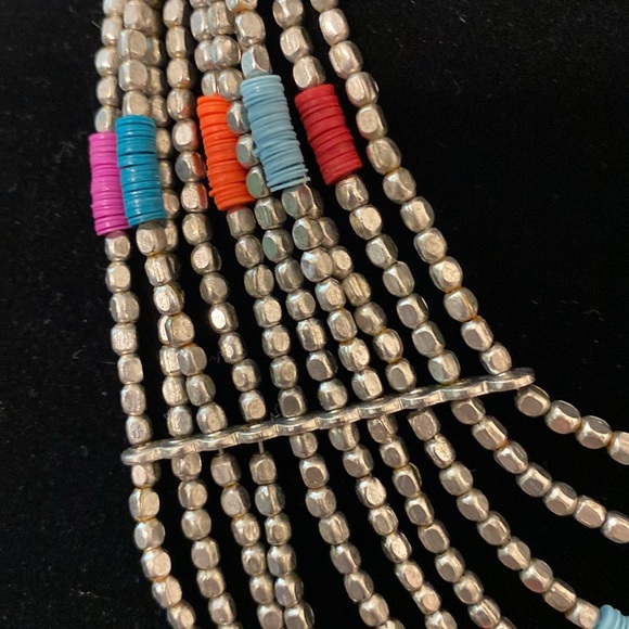 African Boho Plastic and Silver Beaded 10 Tiered Necklace - Picture 4 of 6